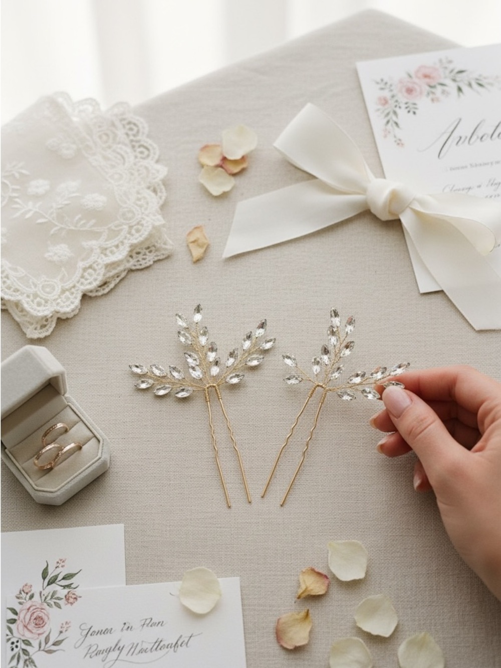 Gold Bridal Leaf Hair Pins with Clear Crystal Accents